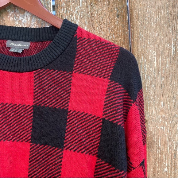 EDDIE BAUER Women’s Buffalo Red Black Check Crewneck Sweater Size Medium - Picture 7 of 10